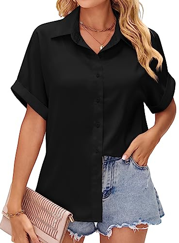 Heersan Women's Blouses Button Down Shirt Casual Short Sleeve Tops Basic V Neck Summer Solid Elegant Tshirt