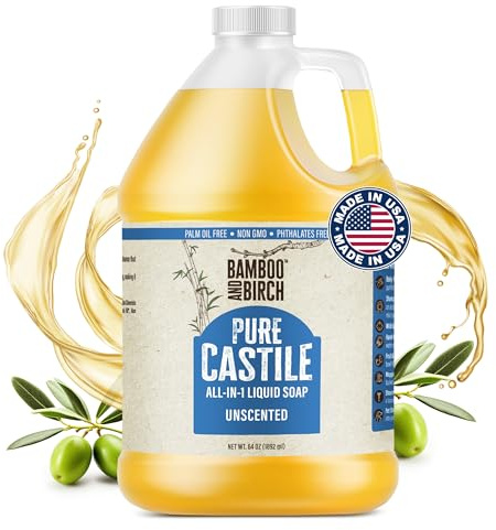 BAMBOO AND BIRCH Pure Castile Soap Liquid Organic, Certified Palm Oil Free Natural Soap, Unscented, 64 oz