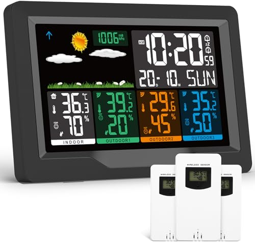 jely Station Météo Sans Fil avec 3 Capteurs Intérieur Extérieur,Écran LCD avec 4 Rétroéclairages Réglables, Radio Stations Météo avec Temps, Prévisions Météorologiques, Baromètre, Réveil