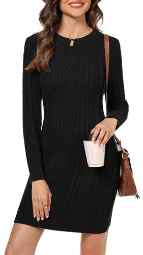 Aottori Winter Jumper Dress for Women UK Crew Neck Sweater Dress Long Sleeve Cable Knitted Jumpers Solid Bodycon Knitwear Pullover Black S