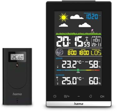 Hama Wetterstation Funk mit Außensensor (Wettervorhersage, Luftdruck, Hygrometer, Wetterstation zuhause, Innen- und Außentemperatur, Raumklima Messgerät, Farbdisplay, Funkuhr, Wecker) schwarz