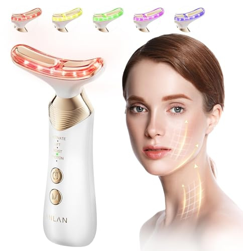 ANLAN 24K Oro Masajeador Facial Cara Antiarrugas, EMS Masajeador Facial Electrico con 4 Modos 5 Colores LED, Masaje Facial con Calor 42±3°C, Lifting Reafirmante para Reafirmar Cuello Papada (Oro)
