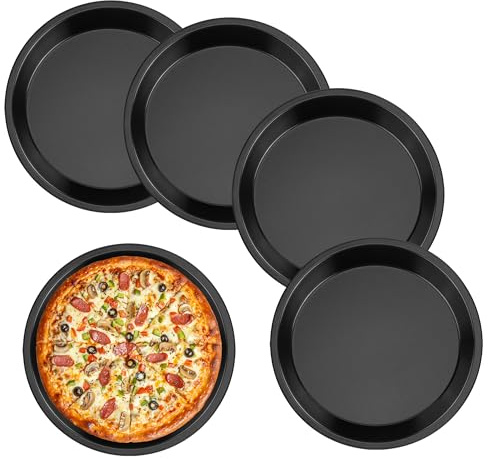 YiliYa Juego de 4 Bandeja Pizza Horno Redonda,Diámetro de 18 cm Bandeja para Hornear Pizza Antiadherente Molde para Pizza de Acero al Carbono Resiste Temperaturas Negro