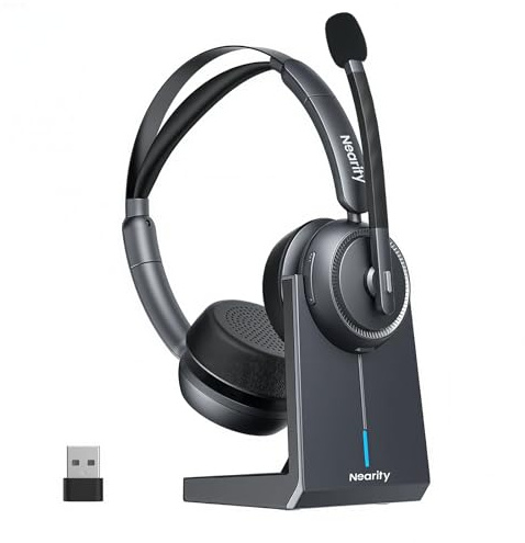 NEARITY EP320 Wireless Headset with Micro for Work, Bluetooth Headset with Noise Cancellation, Type-A Dongle for PC, Charging Station & Noise Cancelling for Office/Home/Call Center