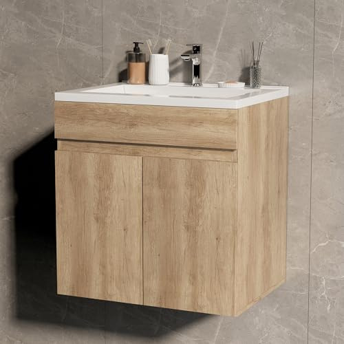 Ztexkee Mobile Bagno con Lavabo Mobiletto Bagno Sospeso, Set di Mobili da Bagno, Piccolo Mobiletto Per Ospiti (Rovere, 60 x 46 x 64 cm)