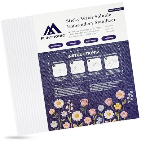 Flintronic 12 Pcs Papier Hydrosoluble Broderie, A4(29.7x21cm), Stabilisateur de Broderie Auto-Adhésif, Imprimable, Photocopiable, Dessinable, Papier Transfert pour Motifs Textiles, Machine et la Main