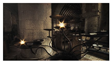 LED Bild Stillleben, Gewölbe, Kerzenschein.,XL Bild, riesig , LED Stimmungsbild mit 2 flackernden LED und / 90 cm Breit x 50 cm Hoch Batteriebetrieb , nur 0,06W, Leuchtbild auf Leinwand mit An und Ausschalter , Batterien inklusive. Riesiges Bild, LED