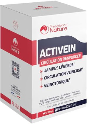 Prescription Nature - ACTIVEIN - Complément Alimentaire pour Soutenir la Circulation - Veinotonique - Recommandé en Cas d'Insuffisances Veineuses - Fabrication Française - 180 Gélules