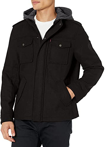 Levi's Men's Wool Blend Military Jacket with Hood, black, XX-Large