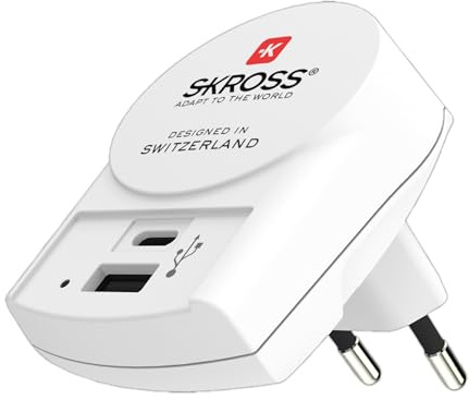 SKROSS - USB Ladegerät mit USB-C und USB-Anschluss - zur Anwendung zuhause oder auf Reisen in Europa Länder mit Schuko- oder Eurostecker / 2 USB Ports / Netzteil / 5 V max. 27 W 5.4 A max.