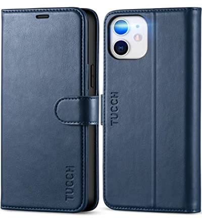TUCCH Funda para iPhone 12 Pro, Funda iPhone 12, Funda de Cuero PU Bloqueo RFID, Cáscara de TPU, Soporte Plegable, Ranura para Tarjeta, Funda Tapa para iPhone 12 Pro/iPhone 12 5G (6.1), Azul Oscuro