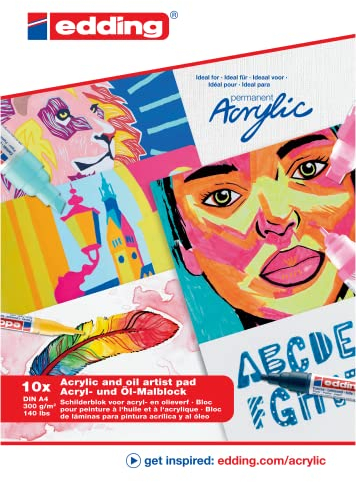edding 30010 Acryl- und Ölmalblock - weiß - 10 Blätter in A4 - 300 g/m² dickes Acrylpapier - Leinwandähnliches Papier für Acryl- und Ölfarbe, säurefrei, ideal für jedes künstlerisches Niveau