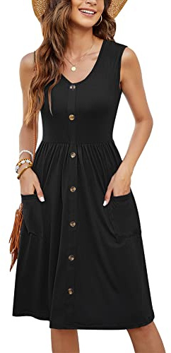 MOLERANI Summer Dresses for Women UK Sleeveless Ladies Casual V Neck Beach Dress Swing Button Midi Sundress Dress with Pockets Black 20-22 XL