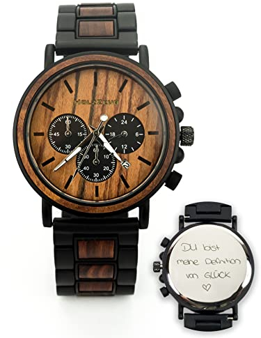HOLZZEUG Gravierte Herrenuhr aus echtem roten Kastanienholz mit oder ohne Gravur Armbanduhr mit Gravur Ihrer eigenen Handschrift personalisierte Uhr Männeruhr mit Gravur