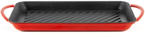 Lätt Home Bistecchiera Antiaderente in Ghisa Smaltata. Padella Grill Rossa Rettangolare 39,5x22x3,5 cm. Piastra per Piano Cottura Induzione Elettrico, Gas e Forno. Per grigliare Carne, Pesce e Verdure