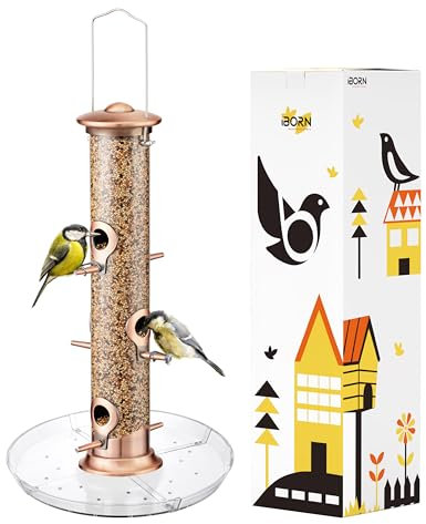 iBorn Vogelfutterspender, Samenfänger zum Aufhängen im Freien, 6 Anschlüsse, Vogelfutterstation für Kardinalvögel, Aluminium, Metall, gebürstetes Kupfer, 35,6 cm, 6 Anschlüsse (Samen ist nicht im
