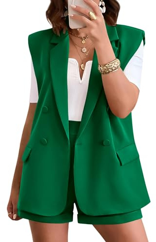 KIRUNDO Blazer Sets Women 2 Piece Outfits 2026 Summer Pad Shoulder Sleeveless Blazers and Elastic Waist Shorts Two Piece Short Set Vacation Outfits(Green, X-Large)