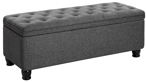 SONGMICS Sitzhocker mit Stauraum, Sitzbank aufklappbar, Fußbank mit Knopfsteppung, 45 x 118 x 45 cm, Scharniere, Massivholzfüße, Bezug aus Leinenimitat, bis 150 kg belastbar, dunkelgrau LOM070G01