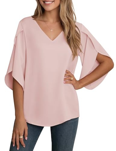 YGJIEGENG Blusa De Verano Mujer Camisa Elegantes de Manga 3/4 con Cuello en V Casual Chiffon Manga Corta Rosa XL