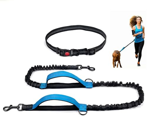 Hurluksi Hand Free Dog Lead, Bungee Dog Leash Heavy Duty Puppy Waist Belt for Medium & Large Pets, Adjustable Running Lead with Dual Padded Handle (Blue)