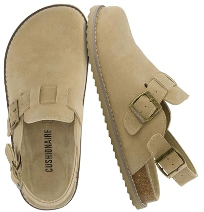 CUSHIONAIRE Brooklyn Suede Womens Slides– Comfortable Clog Mules with Adjustable Buckles – Summer Shoes for Women,BISCUIT 6.5