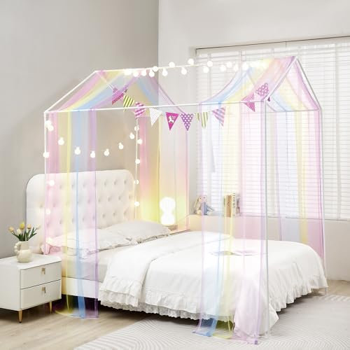 ZIQINPSQ House Bed Canopy Bed Curtains,2pcs Montessori Floor Bed Canopy for Girls Boys,Mosquito Net For Kids Wood Bed Frame,Bedroom Decorations (Rainbow)