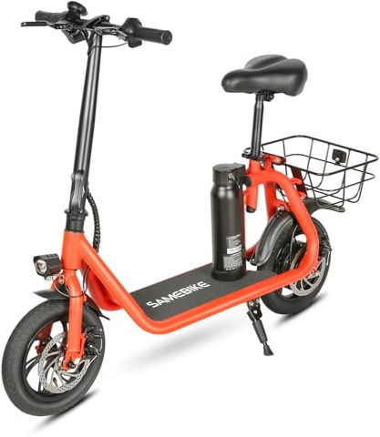 SAMEBIKE Scooter elettrico per adulti, scooter a batteria rimovibile da 36V 7.8AH con sedile, ruote in alluminio da 12', con cestino e portacellulare