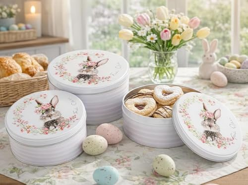 KAMACA Set di 3 contenitori per biscotti in metallo, di alta qualità con motivo coniglietto e corona di fiori, impilabili per biscotti, uova di Pasqua e pasticcini, primavera e Pasqua