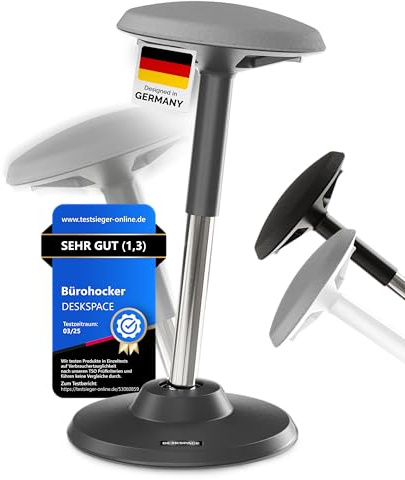 DESKSPACE Motion Ergonomischer Sitz- und Stehhhocker - Höhenverstellbarer Bürohocker und Stehhilfe mit extra breiter Basis und Sitzfläche, Stehstuhl, der Rücken- und Nackenschmerzen vorbeugt (Graues)