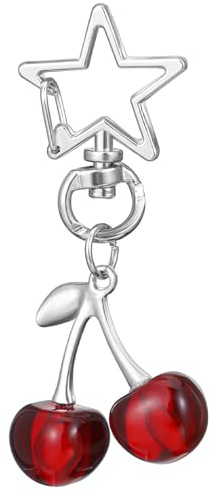 ValueBargain Cherry Bag Charm, 7 cm Cherry Keyring Keychain with Metal Star Lock & Y2K Design for Women Girls Car Keys, Purse, and Backpack (Silver & Red)