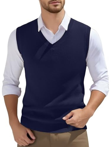 RUMAOZIA Gilet da uomo con scollo a V, in lana, senza maniche, classico, in tinta unita, casual, maglia fine, per gentleman, slim fit, Blu scuro, XXL