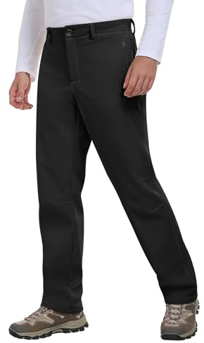 Xnova Pantalon Trekking Invierno Hombre Térmicos Pantalones Impermeables Montaña Senderismo de Trabajo Aire Libre Pantalón Forro Polar con Cremallera Cintura Elastica, Negro, XXL
