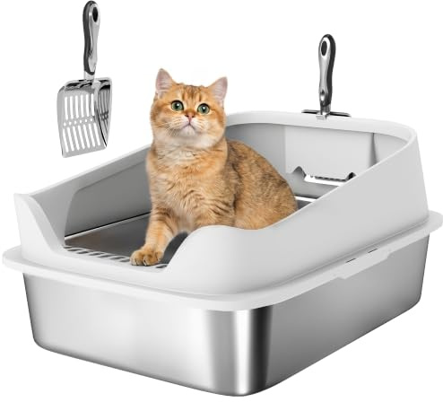 PawHut XL Cat Litter Tray Stainless Steel, Cat Litter Box High Sided with Metal Litter Scoop, Never Absorbs Odors, Anti Leakage & Easy to Clean, 60 x 40 x 30 cm, Grey