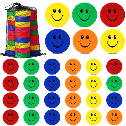 Soulchen 30 Pcs Foam Ice Hockey Pucks Diameter 3 Thickness 1 Happy Emotion Knee Indoor Floor Game Outdoor Sports Ice Hockey Pucks with Mesh Bag for Practicing and Classic Training Birthday Gift