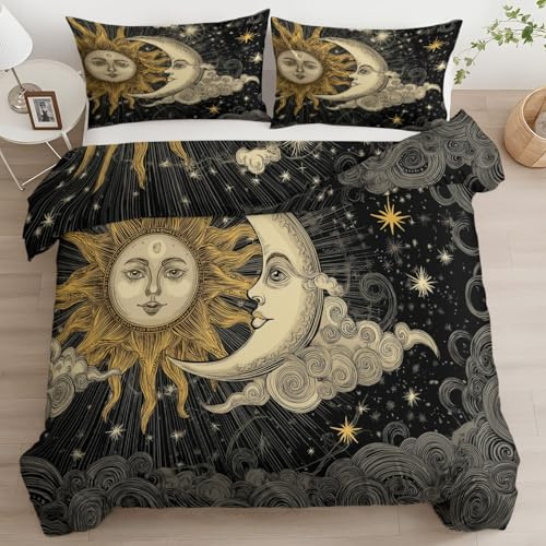 Funda Nordica Estampado 150 X 220 Cm, Ropa De Cama Reversible Sol Luna Estilo Retro, Microfibra Suave Transpirable Negro (Cama Doble)
