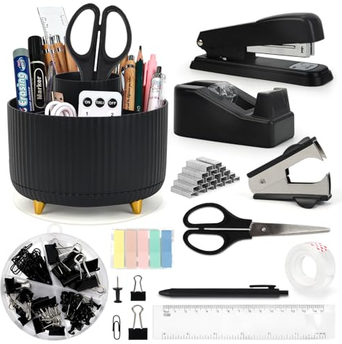 Cute Stationery Set, 13 in 1 Office Supplies & Desk Accessories for Women with Stapler & Staples Set, Pencil Holder, Tape Dispenser, Scissors, Clips, Ruler, Gift for Teachers, Students, Girls (Black)