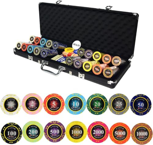 Juego de 500 fichas de póker, Incluye fichas for Texas Hold'em y Blackjack, Caja de Aluminio Plateada y botón de crupier for Juegos de Casino en casa.(Silver Aluminum Box)