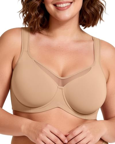 OEAK Minimizer Bras for Women Plus Size Bralettes Full Coverage Unlined Bra Supportive Underwire Tshirt Bras for Heavy Breast Light Beige 34DD