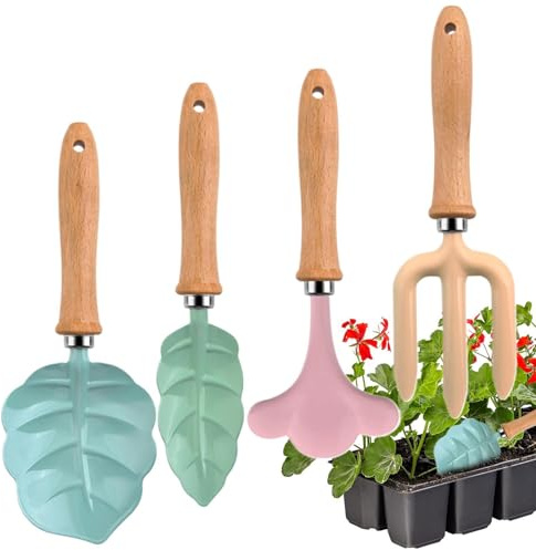 Generisch Kinder Gartenarbeitsset | Vier-teilige tragbare Blattform-Holzgriffe | Kleine Gartenwerkzeuge - Schaufel- und Rechen-Set | für, Hof, Sandkasten, Rasen und Außenbereich