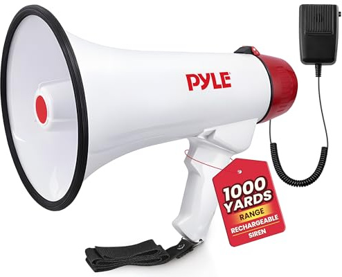 Pyle Megaphone Speaker PA Bullhorn - with Built-in Siren Rechargeable Battery, Auxiliary Jack 40 Watts & 1000 Yard Range - Record Function Ideal for Football, Baseball, Basketball Cheerleading Fans and Coaches or for Safety Drills - PMP48IR
