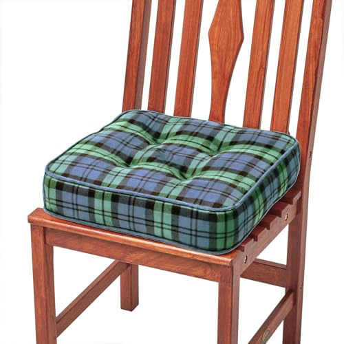 HOMESCAPES Blue and Green Tartan Dining Chair Booster Cushion Large Firm 40 cm Square Seat Pad with Supportive 10 cm Thick Lift Luxury Soft Cotton Cushion For The Elderly, Post-Operative and Pregnancy