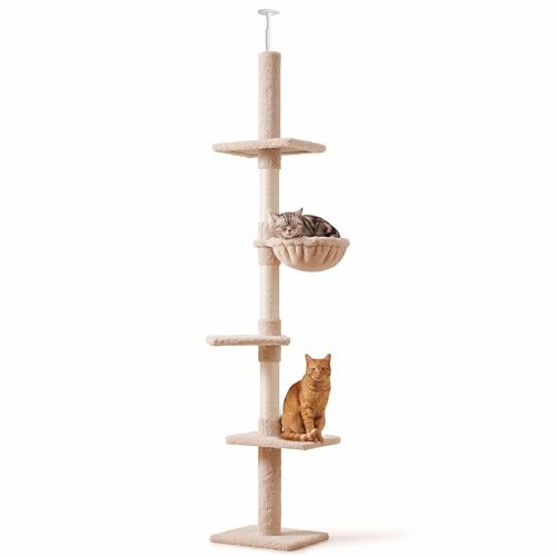 PawHut Árbol para gatos Torre Rascador de Gato de 5 Niveles Fijado al Techo Ajustable en Altura con Múltiples Plataformas Cubierta de Felpa Suave 40x34x230-260 cm Beige