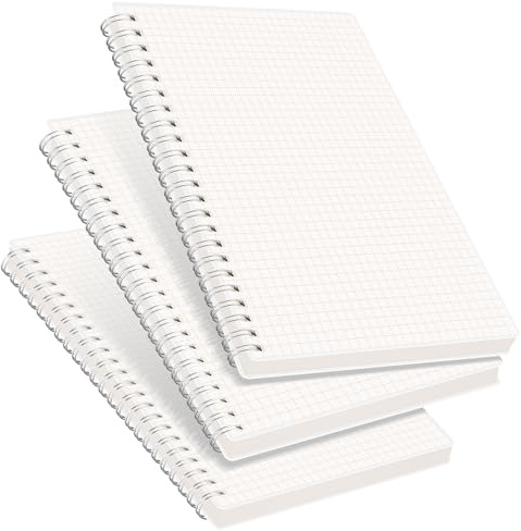 RETTACY 3 Pack Squared Spiral Notebook A5 Graph Grid Wirebound Journal with 480 pages, 100gsm Thick Squared Paper, DIY Clear Cover, 14.5 x 21cm