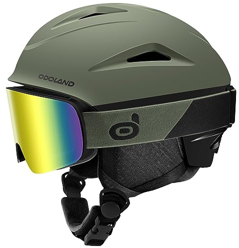 Odoland Snow Ski Helmet with Goggles Set - Adjustable Sport Helmet with Protective Glasses for Men and Women- Windproof Adult and Youth Skiing Gear for Snowboarding, Skiing, Snowmobile, Brown Green,L