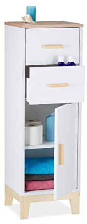 Relaxdays Badezimmerschrank, 2 Schubladen, Türfach, HxBxT: 97,5 x 32 x 28 cm, Bad & Flur, schmaler Midischrank, weiß