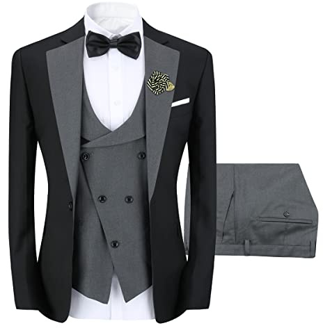 Sliktaa Mens 3 Pieces Suit One Button Slim Fit Formal Wedding Dinner Suit Blazer Waistcoat and Trousers Multicolour,Grey,3XL