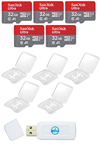 SanDisk Ultra 32GB Micro SD SDHC Memory Flash Card (5 Pack) UHS-I Class 10 SDSQUA4-032G-GN6MN Wholesale Lot Bundle with 5 Plastic Jewel Cases and Everything But Stromboli Card Reader