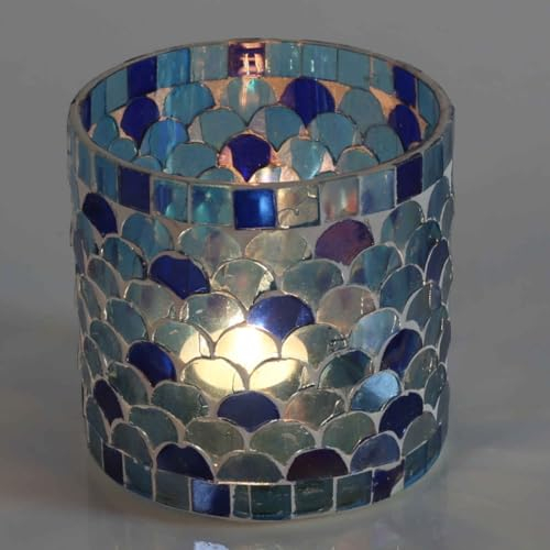 Orientalisches Mosaik Glas-Windlicht Athen M Dunkel-Blau Ø 10cm rund | Stimmungslicht Teelichthalter bunt rund marokkanische Tisch-Deko Mosaik-Kerzenhalter wie aus 1001 Nacht | WZ333-M