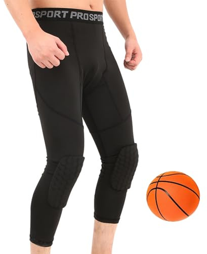 SHAIYOU Pantalones De Compresión 3/4 con Rodilleras para Hombre, Pantalones De Baloncesto Frescos Y Secos, Mallas Anticolisión, Baloncesto De Fútbol, ​​Ropa Interior Deportiva (Black,XL)