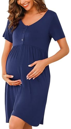 Bresdk Nachthemd Damen Stillnachthemd Kurzarm Knopfleiste Nachtwäsche Schwangere Blau S